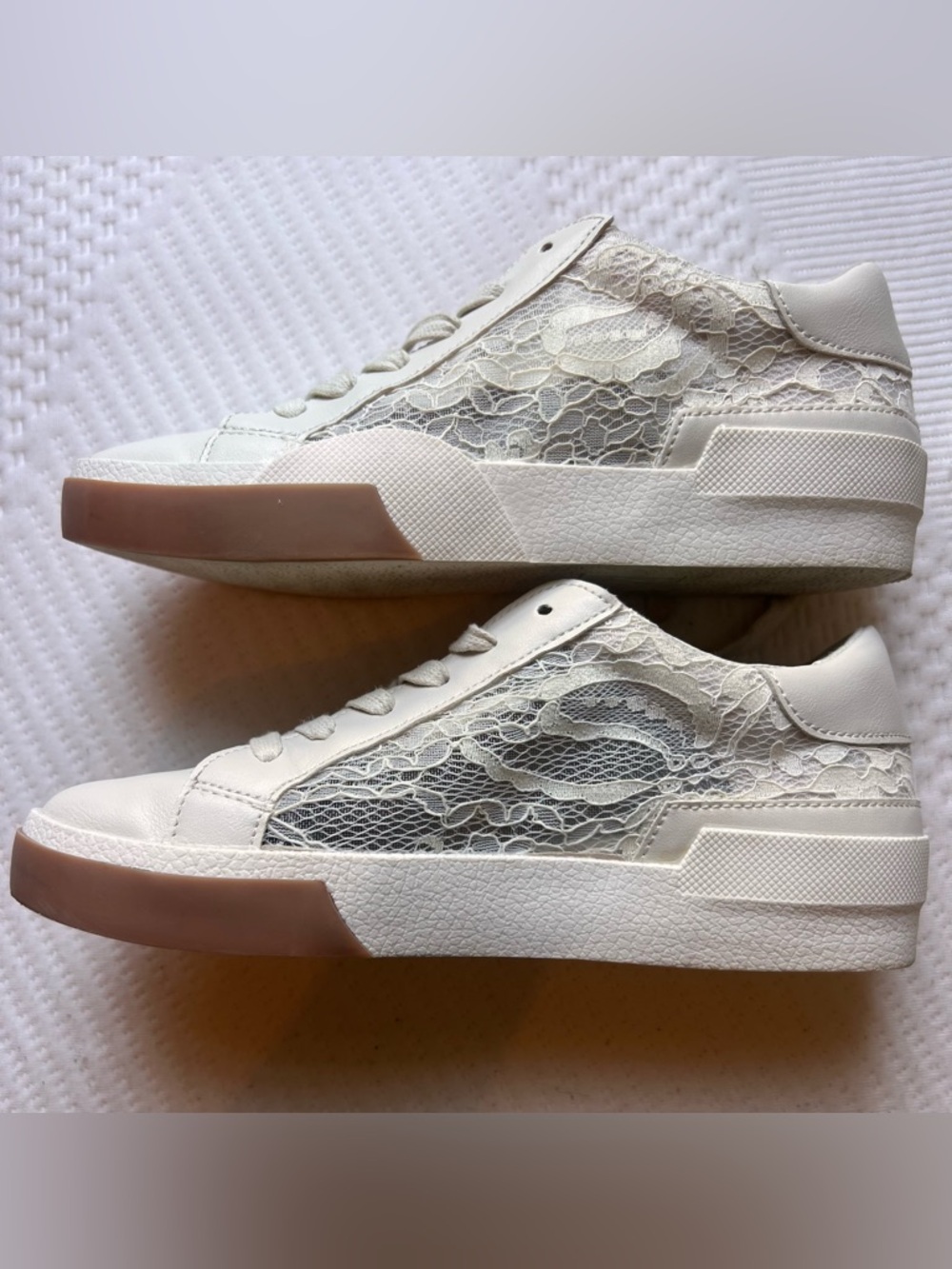 Dolce Vita White Lace-Panel Sneakers with Tan Soles